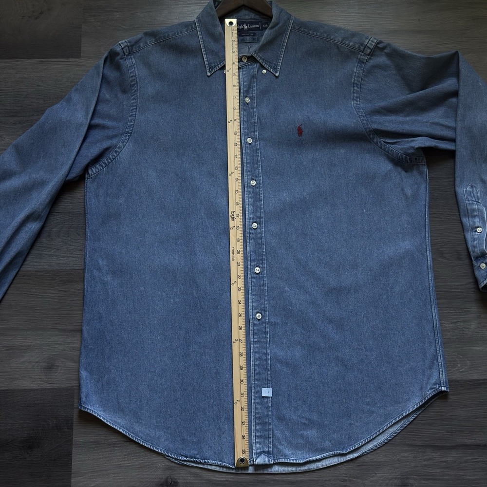 Vintage Polo Ralph Lauren Oxford Denim Shirt Mens 2XL Blue Red Pony Cotton - Picture 6 of 7